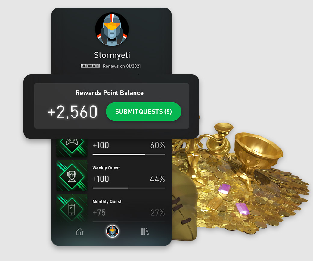 Interfejs użytkownika aplikacji mobilnej Xbox Game Pass pokazujący saldo punktów Rewards gracza