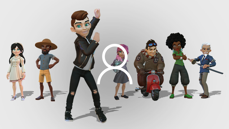 Seven Xbox avatars standing together with a white avatar outline on top