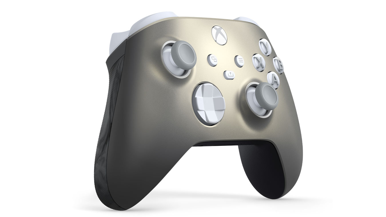 update main gallery with image: The Xbox Wireless Controller - Lunar Shift Special Edition with left side of the controller turned forward