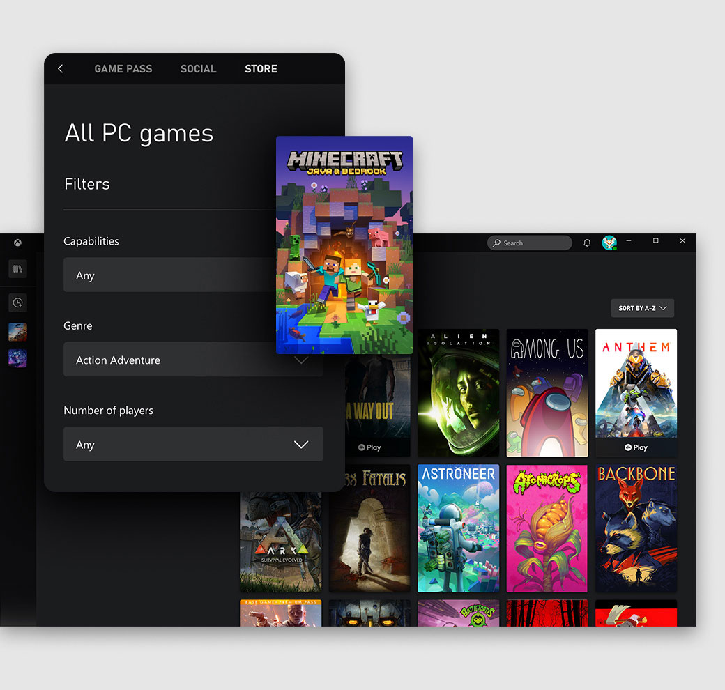 La interfaz de usuario de la app Xbox para PC Windows, que muestra la pestaña de la tienda