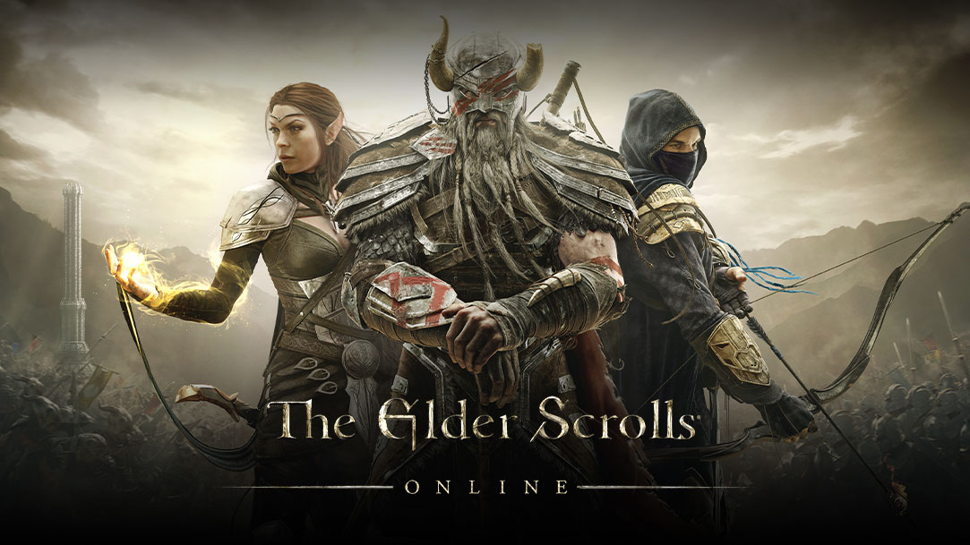 The Elder Scrolls Online — trzy postacie ze świata fantasy stojące w gotowości do walki