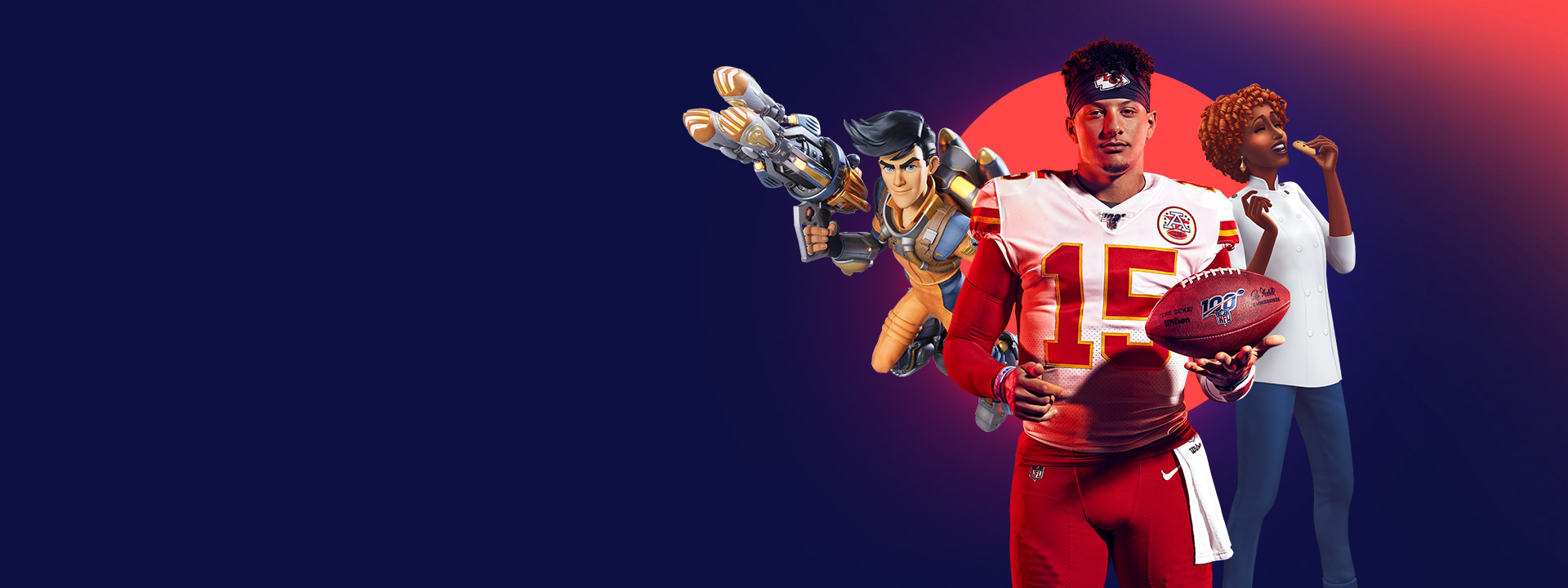 ตัวละครจากเกมของค่าย EA ที่สามารถเล่นด้วย EA Play ได้ อยู่บนพื้นหลังสีม่วงและสีส้ม: Rocket Arena, Madden 22, Sims 4