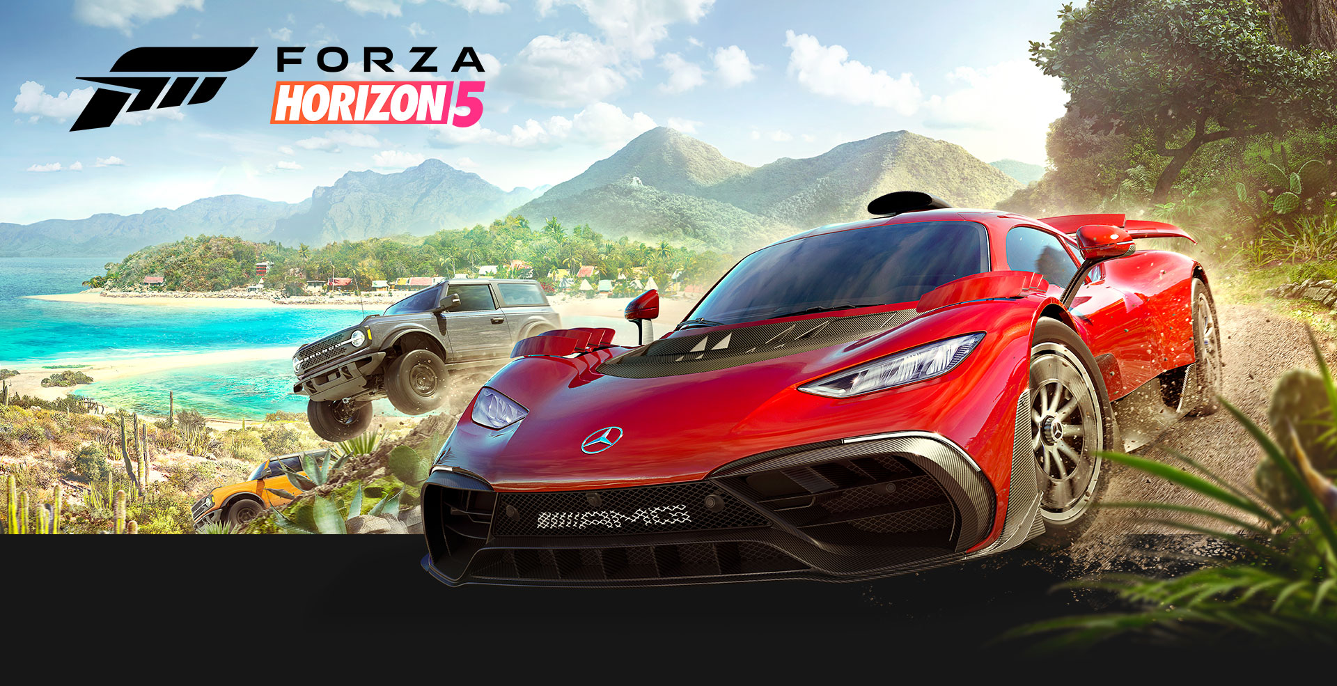 Forza Horizon 5. Una Mercedes-AMG One e una Ford Bronco corrono lungo una strada in Messico.