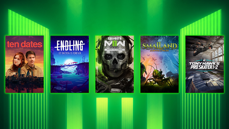 Box art from games included in the Publisher Spotlight Series Sale, including Call of Duty®: Modern Warfare® II - Cross-Gen Bundle, Smalland: Survive the Wilds, and Endling - Extinction is Forever.