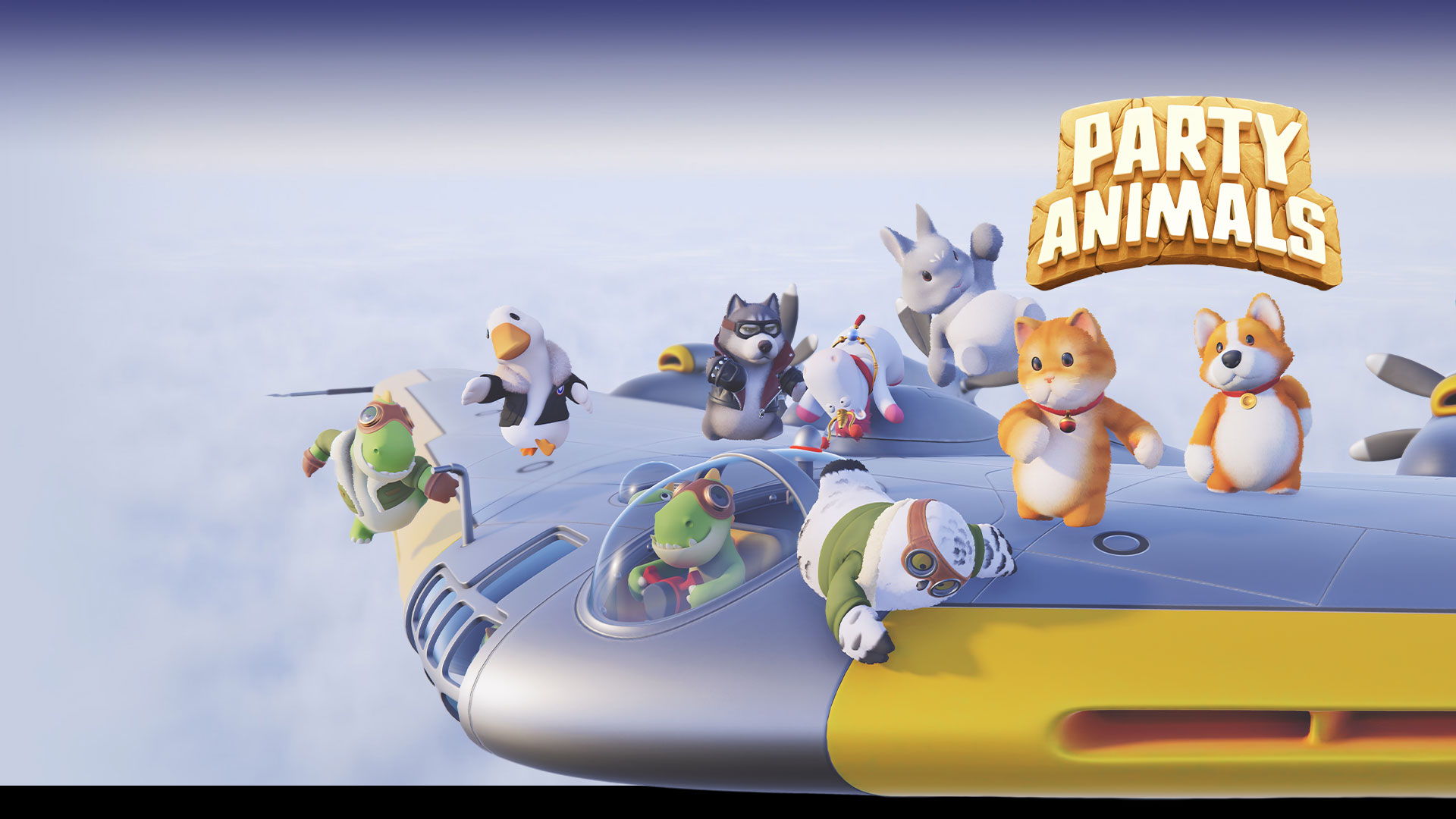 Party Animals, Zwevend boven een zee van wolken worstelt een groep dierenmascottes op de bovenkant van een vliegtuig met vaste vleugels.