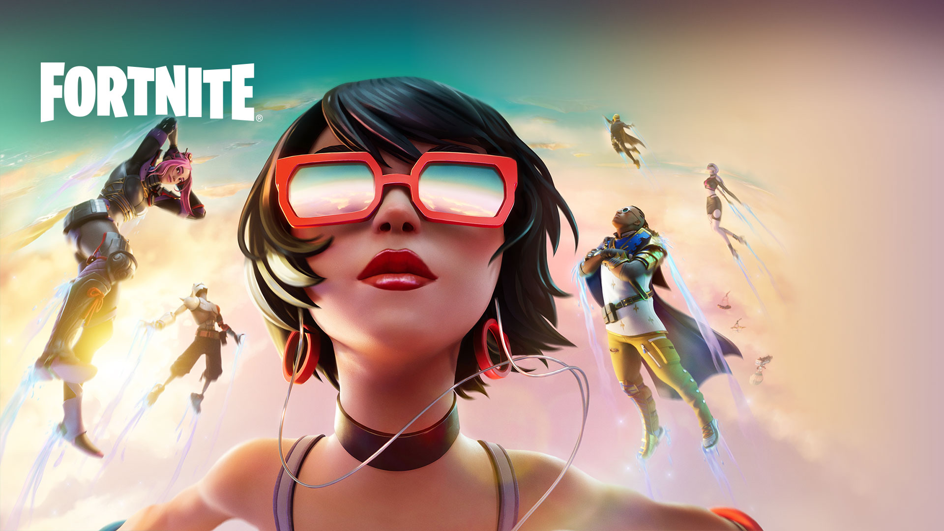 Fortnite, En pige med røde solbriller svæver i skyerne med andre karakterer mod en pastelfarvet himmel.