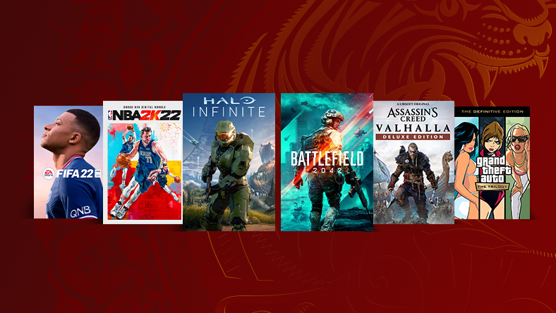 Box art from games that are part of the Lunar New Year Sale, including Halo Infinite, NBA 2K22 Cross-Gen Digital Bundle and Battlefield 2042.