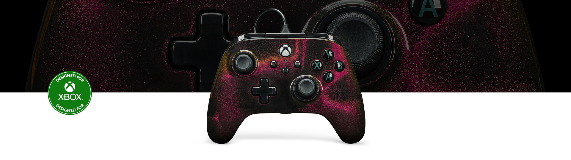 Front view of PowerA Advantage Wired Controller for Xbox Series X|S - Sparkle with close-up view in the background with Designed for Xbox badge