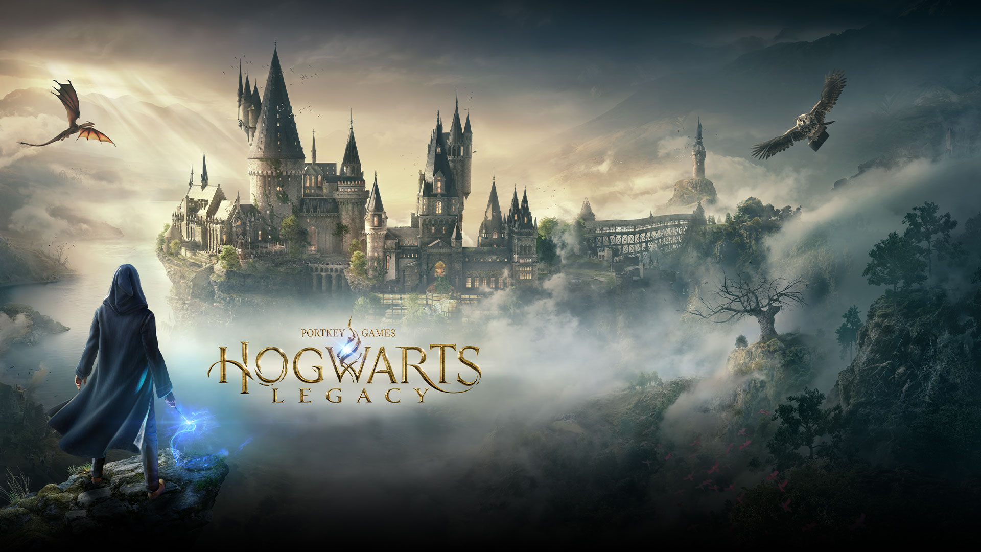 Portkey Games, Hogwarts Legacy, волшебный персонаж смотрит на Хогвартс в окружении совы и летящего дракона
