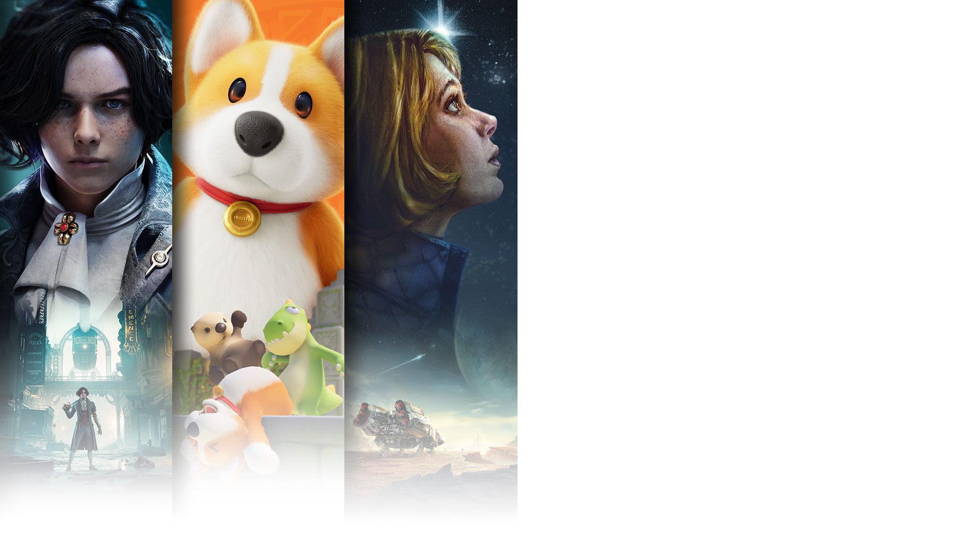Game art from three titles arriving day one on game pass including Lies of P, Party Animals and Starfield.