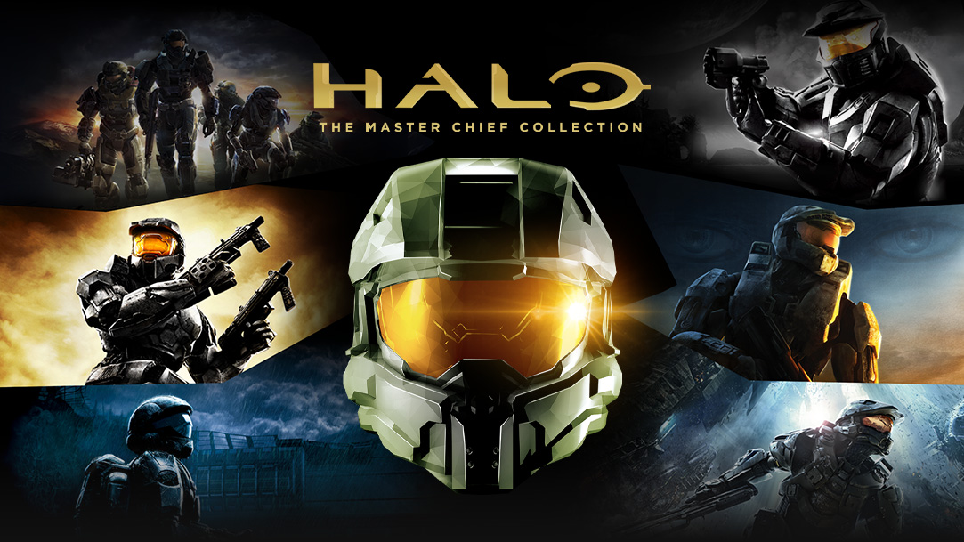 Halo: The Master Chief Collection, vooraanzicht van de helm van Master Chief met afbeeldingen van eerdere Halo-games op de achtergrond.
