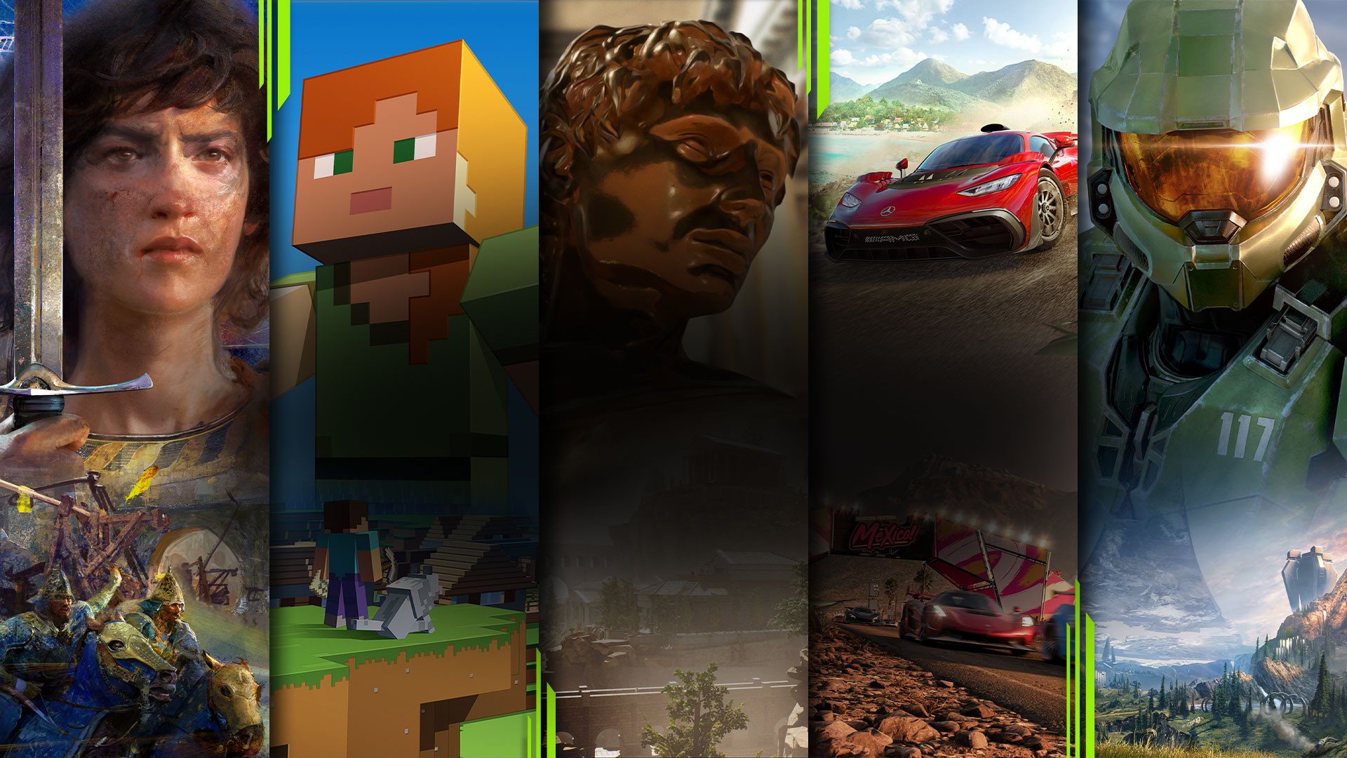 A selection of games available with PC Game Pass including Age of Empires IV, Minecraft, The Forgotten City, Forza Horizon 5, and Halo Infinite.