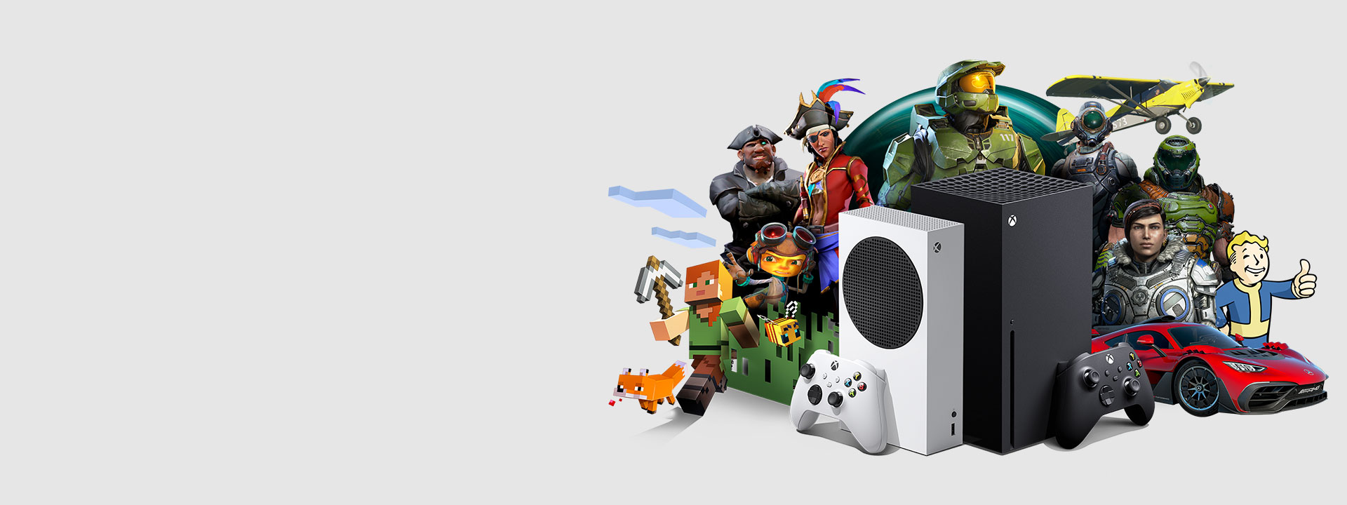 Xbox game characters surrounding Xbox Series X and S with controllers