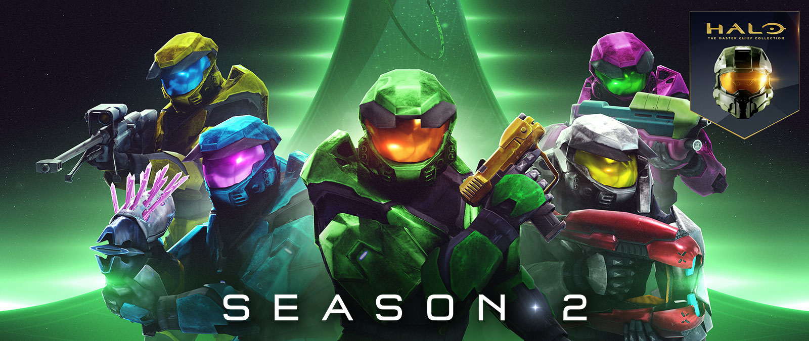 Halo: The Master Chief Collection, Season 2, 5 Spartans from Halo Combat Evolved hold colorful weapons like the needler and pistol