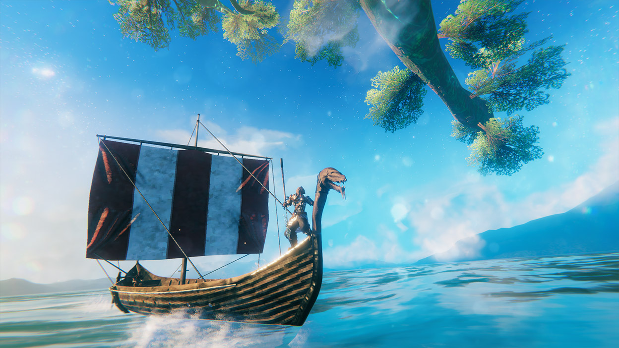 Un vikingo navega en un barco alargado por aguas poco profundas.