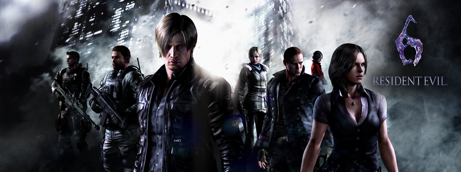 Resident Evil 6, all resident evil characters standing in front of ominous sky scrapers