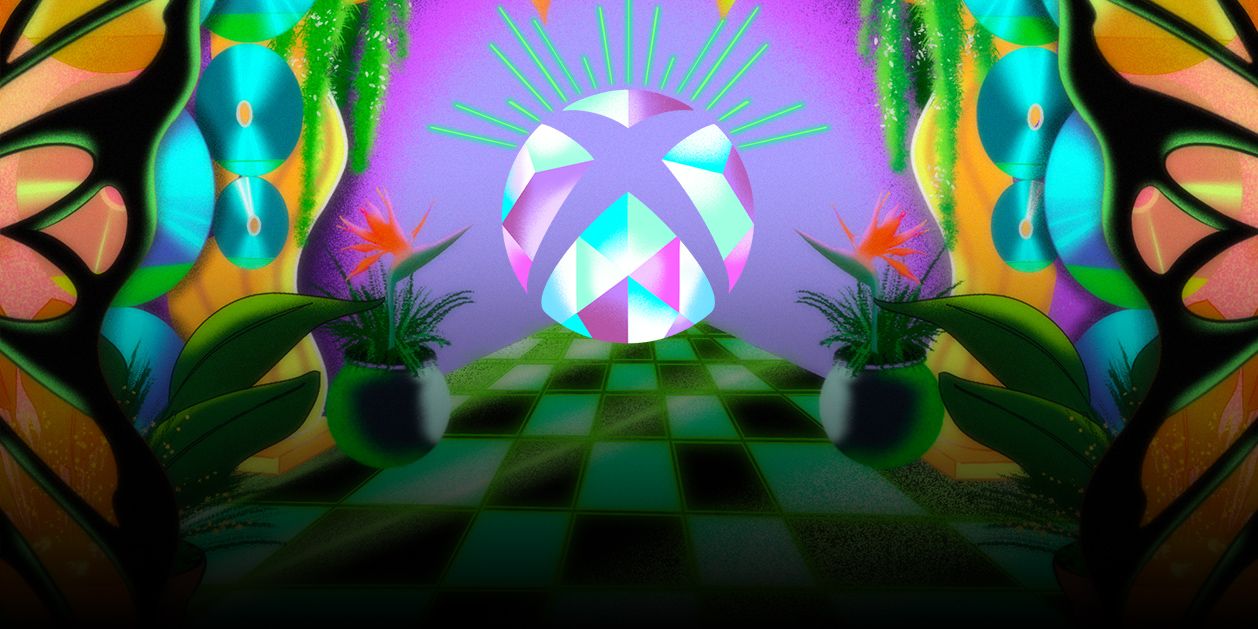 Women’s History Month. A decorative Xbox sphere shines in the middle of colorful plants and patterns.