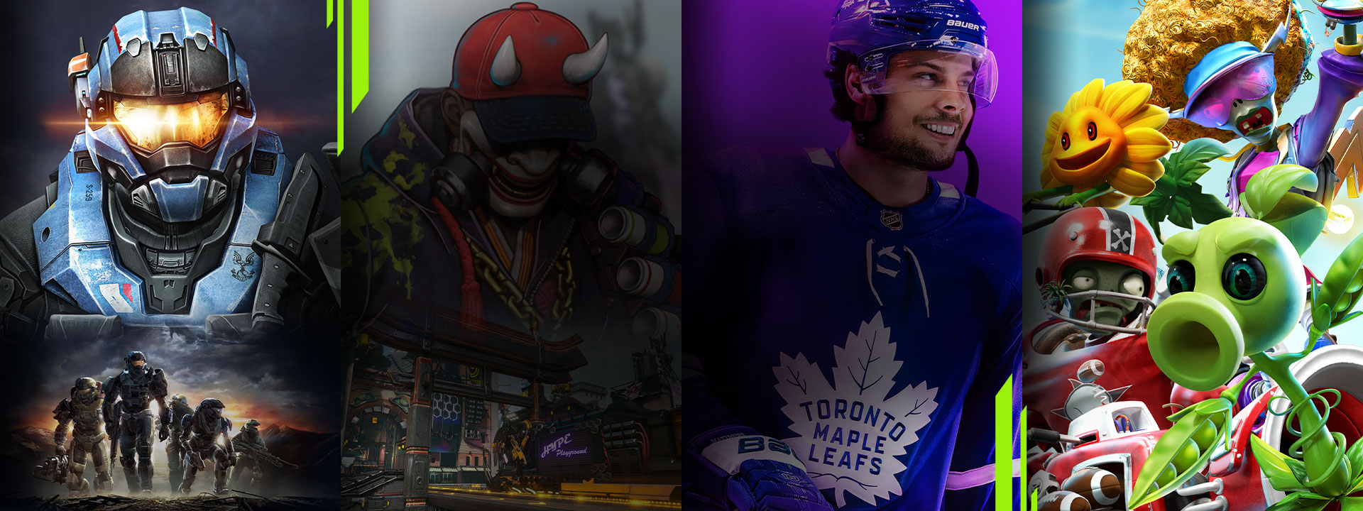Personages uit Halo: Reach, Bleeding Edge, NHL 20 en Plants vs. Zombies worden naast elkaar weergegeven.