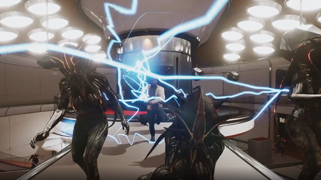 Flera monster som attackerar en spelare i en elektrisk storm.