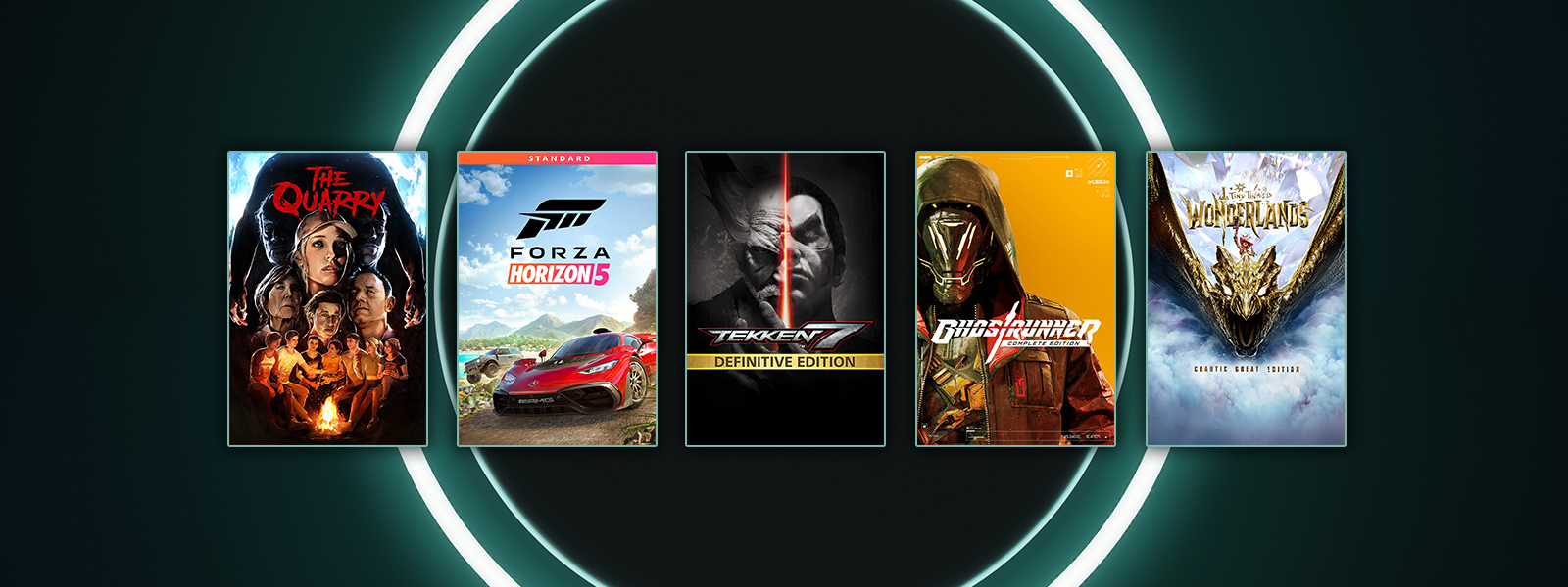 Box art from games that are part of the Publisher Spotlight Series Sale, including The Quarry, Forza Horizon 5, and Ghostrunner Complete Edition.