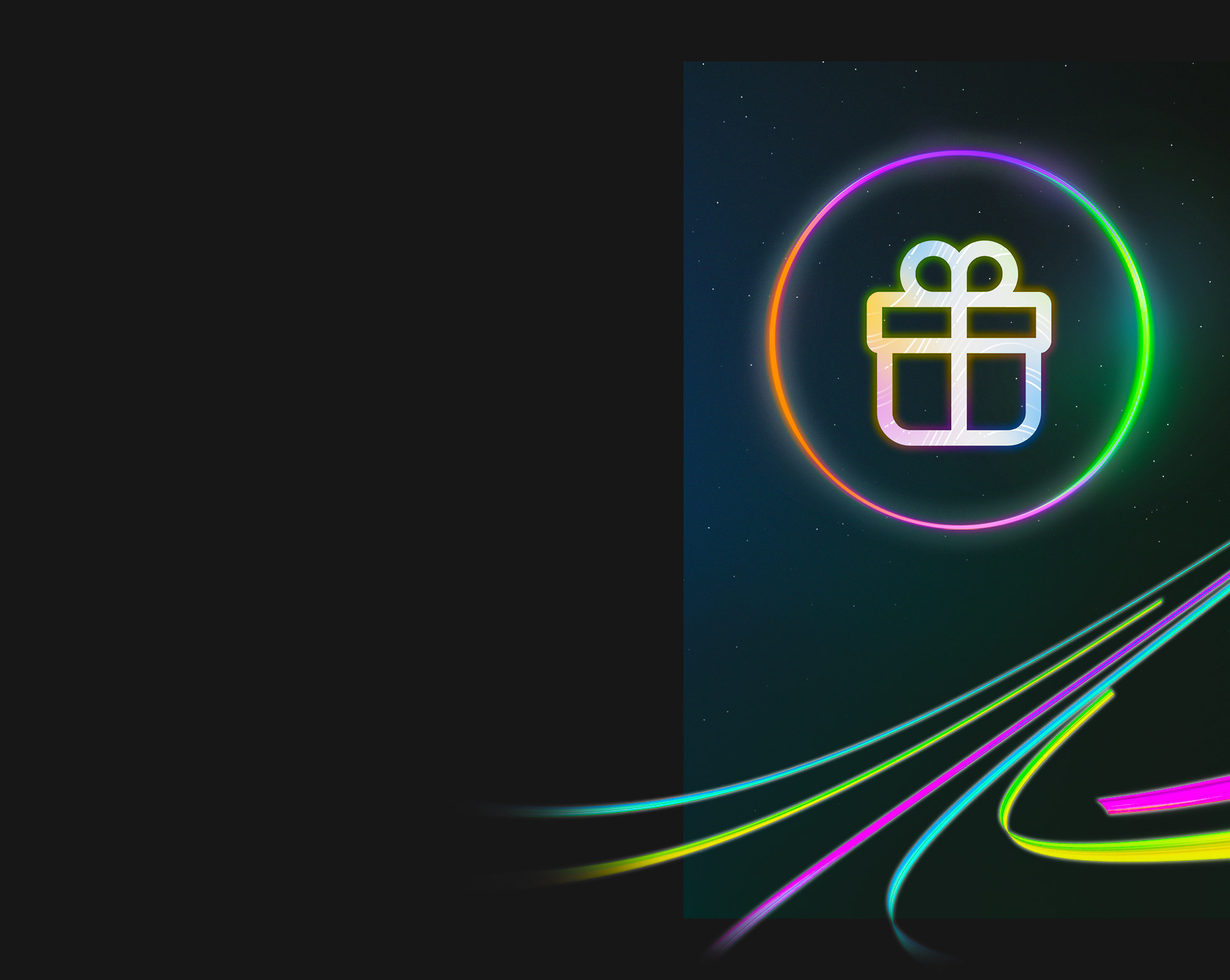 Un'icona a forma di regalo in un cerchio luminoso di luci al neon.