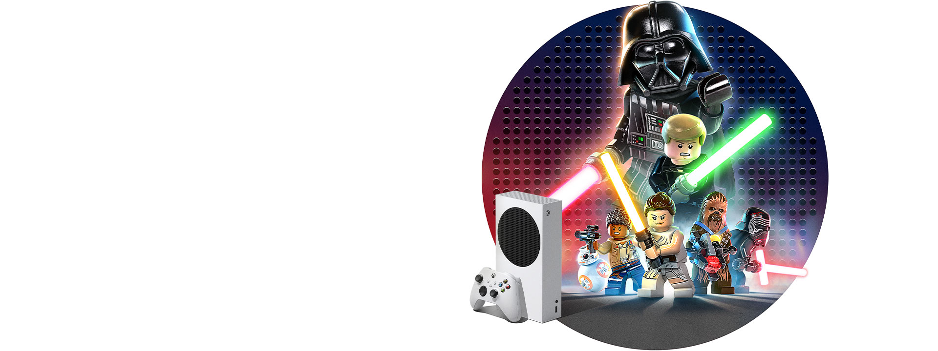 Darth Fener, Luke Skywalker, BB-8, Finn, Rey, Chewbecca e Kylo Ren posano su uno sfondo illuminato, proiettando lunghe ombre. La console Xbox Series S si trova in primo piano. 