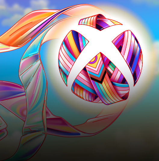 Pride 2023. An Xbox sphere wrapped in a colorful ribbon representing the LGBTQIA+ community shines in the sky.