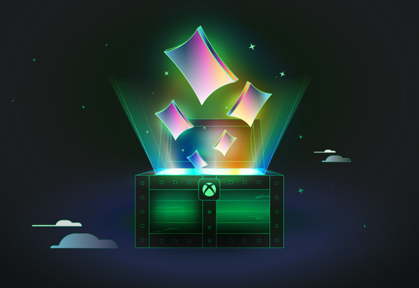 Xbox 공이 그려진 녹색 보물 상자에서 빛나는 네모들이 떠오르는 모습