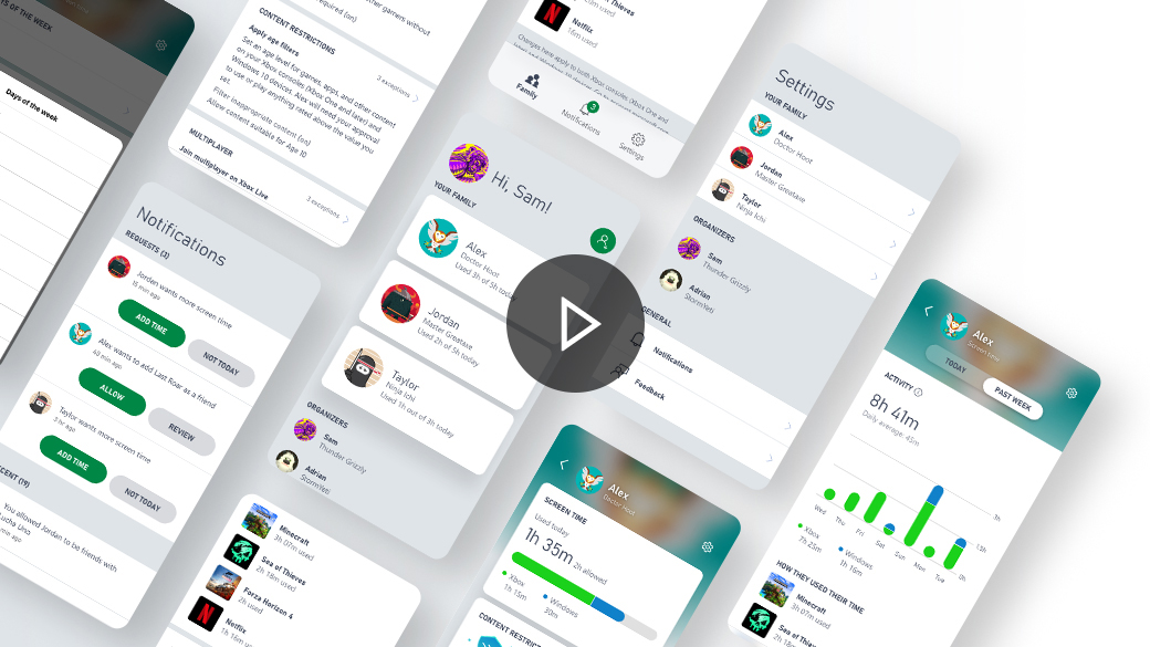 Screenshot van de gebruikersinterface voor ouderlijk toezicht op de Xbox Family Settings app.