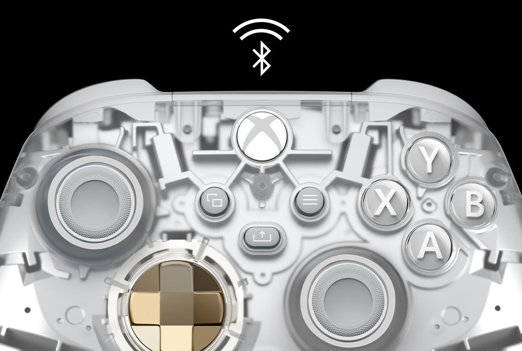 Nahaufnahme des Xbox Wireless Controller – Ghost Cipher Special Edition im Mittelpunkt mit Bluetooth-Logo