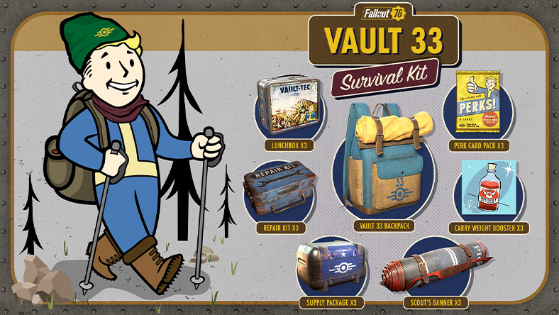 Fallout 76, Vault 33, Survival Kit, three lunchboxes, three repair kits, three supply packages, three scout’s banners, three carry weight boosters, three perk card packs, vault 33 backpack