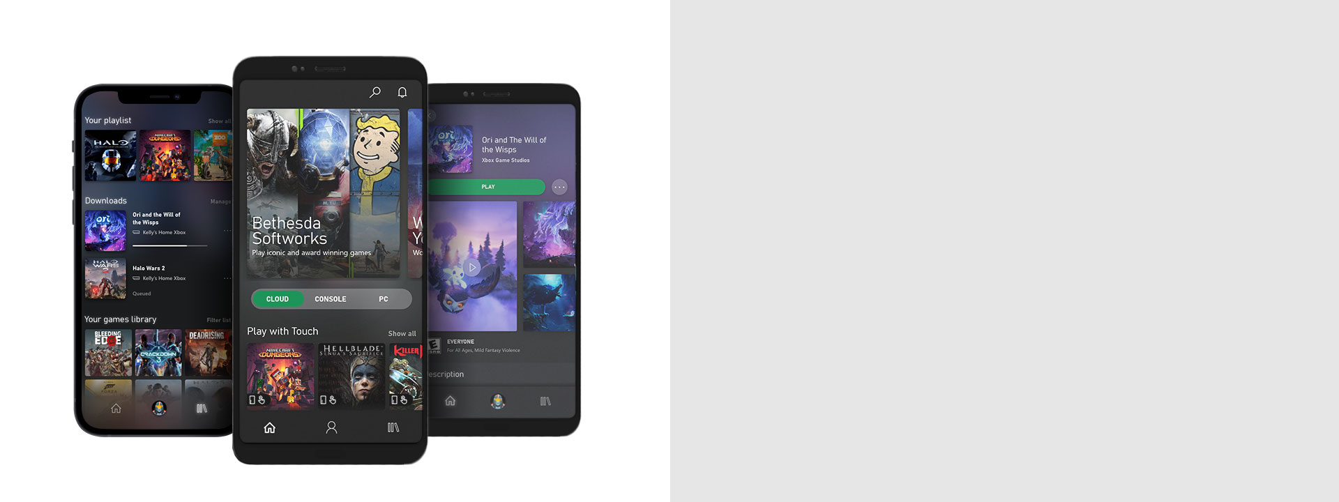 Xbox Game Pass モバイル アプリの UI を表示している 3 台のスマートフォン