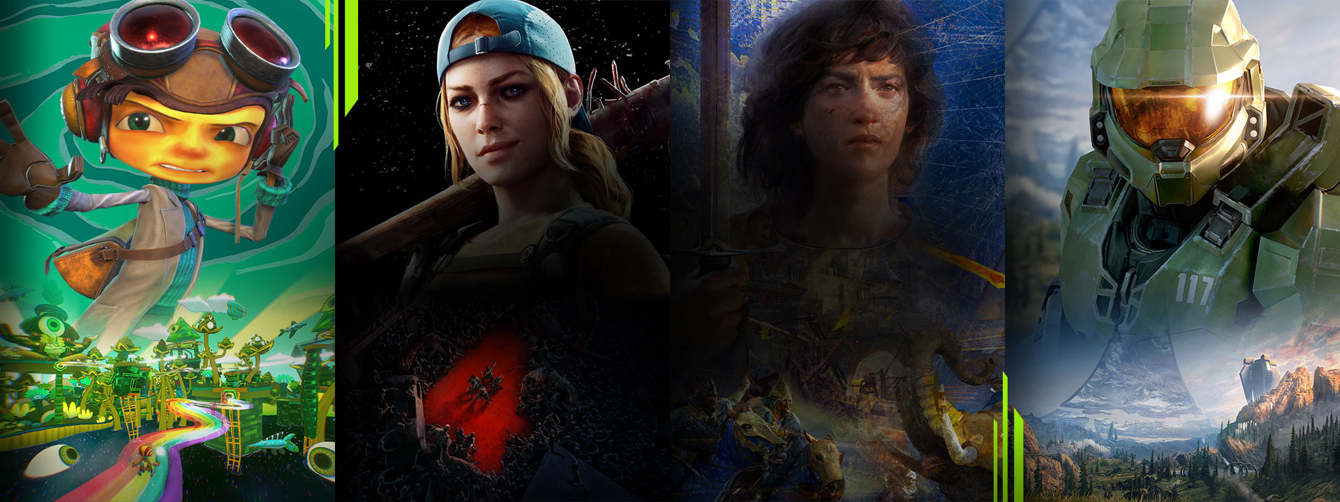 A selection of games available with Xbox Game Pass including Psychonauts 2, Back 4 Blood, Age of Empires 4, and Halo Infinite.
