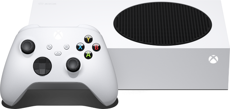 Xbox Series S konzol vezeték nélküli Xbox-kontrollerrel.