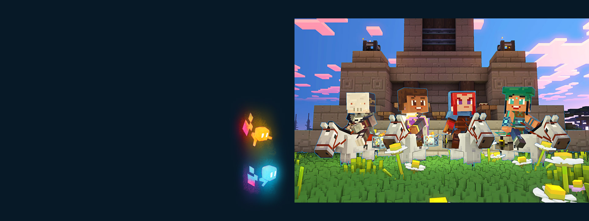 Vier spelers verzamelen zich op hun paarden in de Overworld naast een tempel.