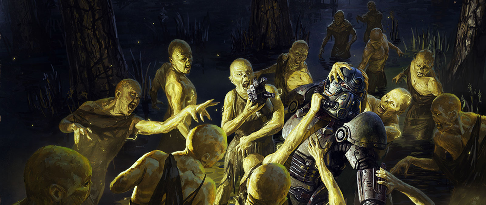 Une foule de mutants submerge un humain portant une armure de puissance.