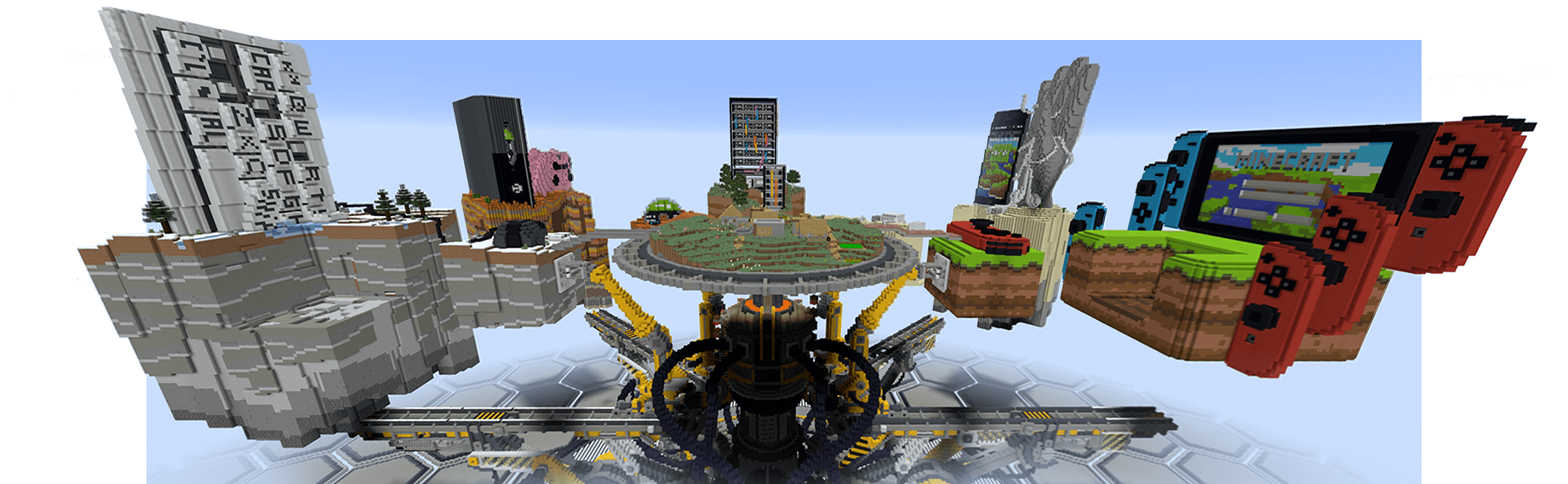 La machine Minecraft qui permet d’être ensemble, représentant les plateformes sur lesquelles il est possible de jouer à Minecraft : PC, Xbox, appareil mobile et Nintendo Switch.