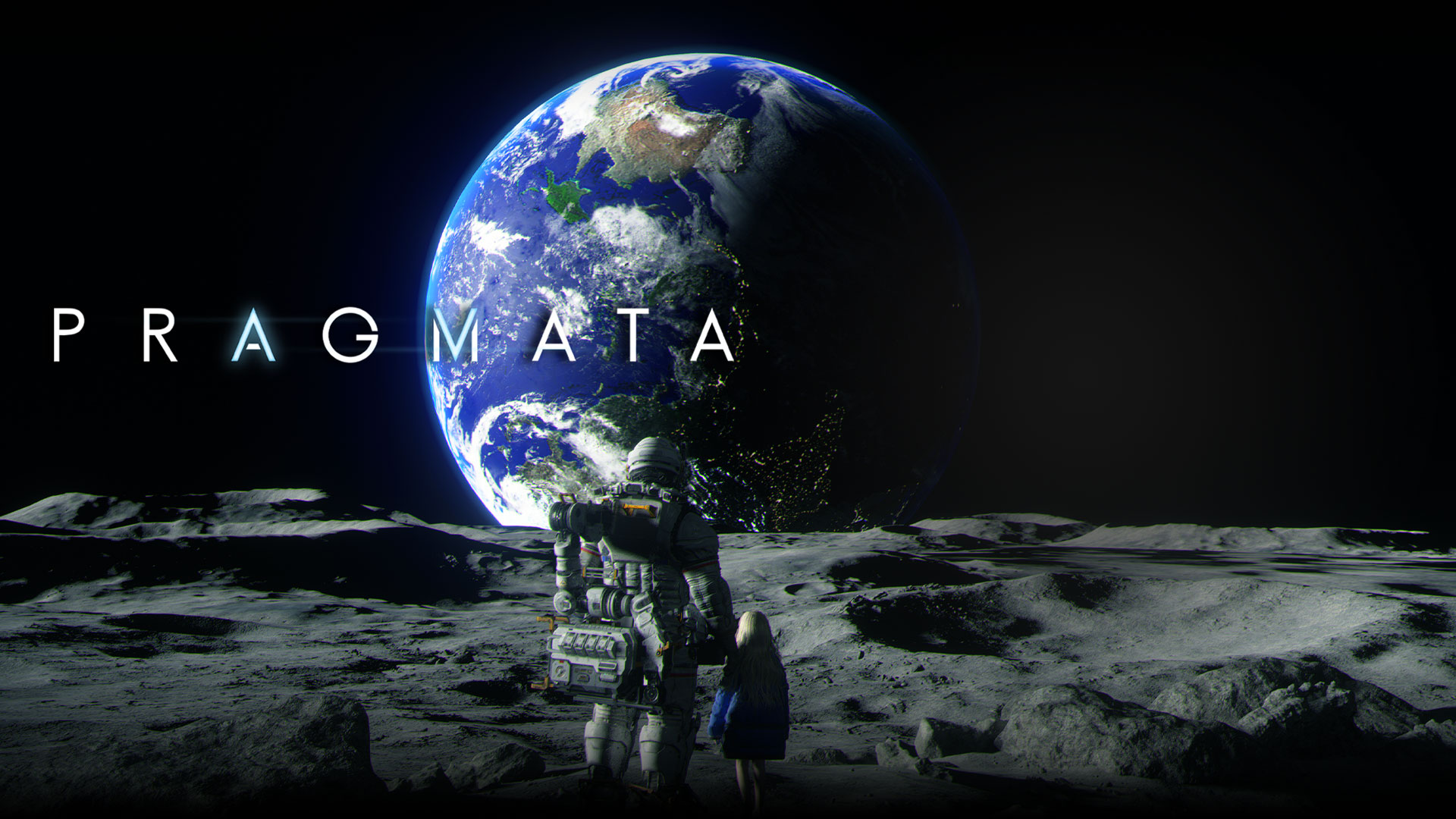 Pragmata, un astronaute et une jeune fille regardent la Terre en se tenant ensemble sur la Lune