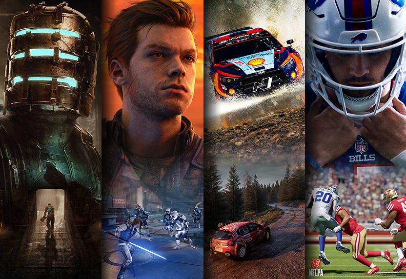Character art from EA games including Dead Space, Star Wars Jedi: Survivor, EA SPORTS WRC, and Madden NFL 24