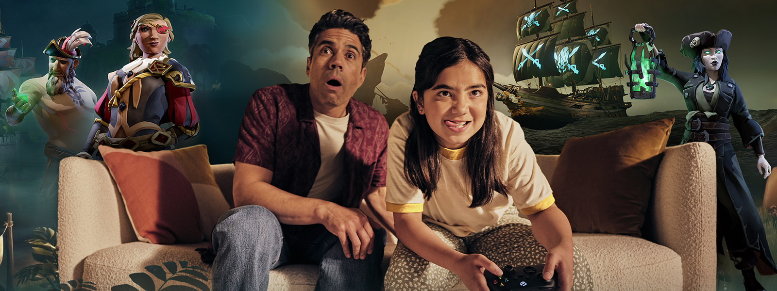 Un padre observa emocionado cómo su hijo disfruta de un juego en Xbox.