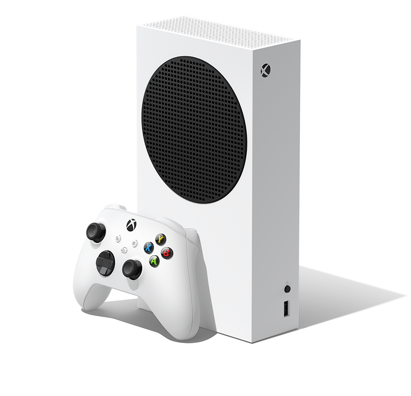 Right angle of the Xbox Series S with an Xbox wireless controller