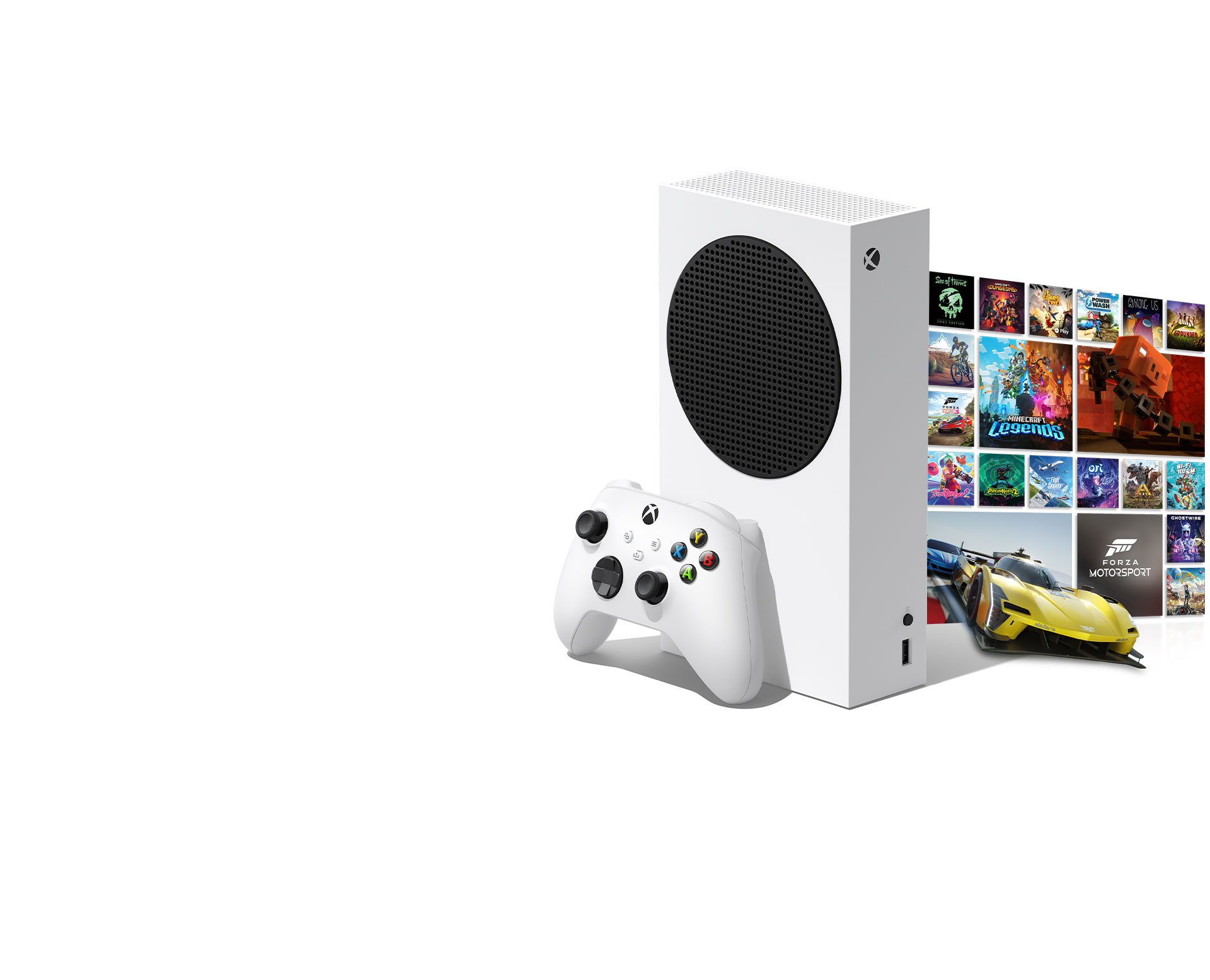 Xbox Series S con un mando en blanco robot y una tarjeta que dice Xbox Game Pass Ultimate, con un mosaico de imágenes de la caja de juegos disponibles con Xbox Game Pass a la derecha.