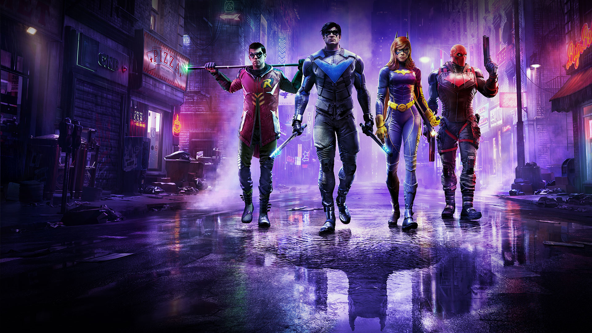Robin, Asa Noturna, Batgirl e Capuz Vermelho caminham pelas ruas chuvosas com o reflexo de Batman abaixo deles em uma poça.