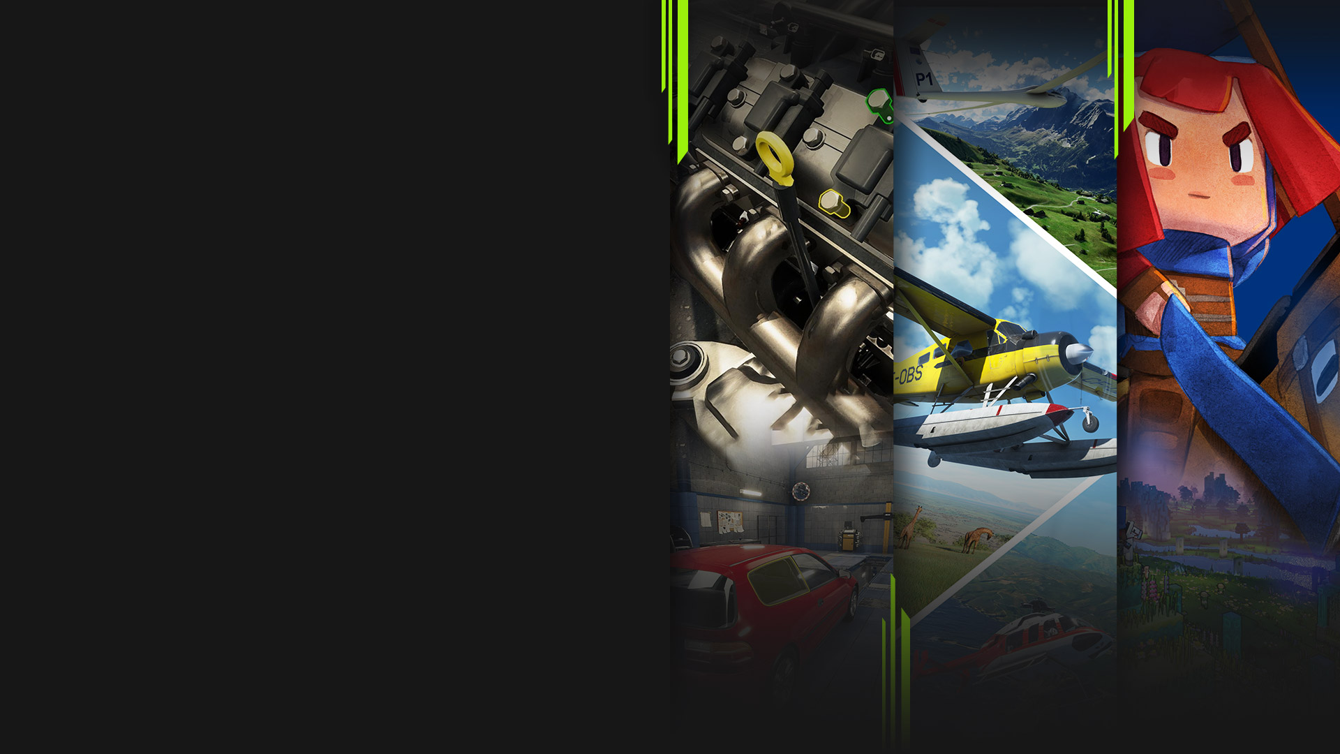 Game art from multiple games available with PC Game Pass, including Car Mechanic Simulator 2021, Microsoft Flight Simulator, Minecraft Legends, and PowerWash Simulator.