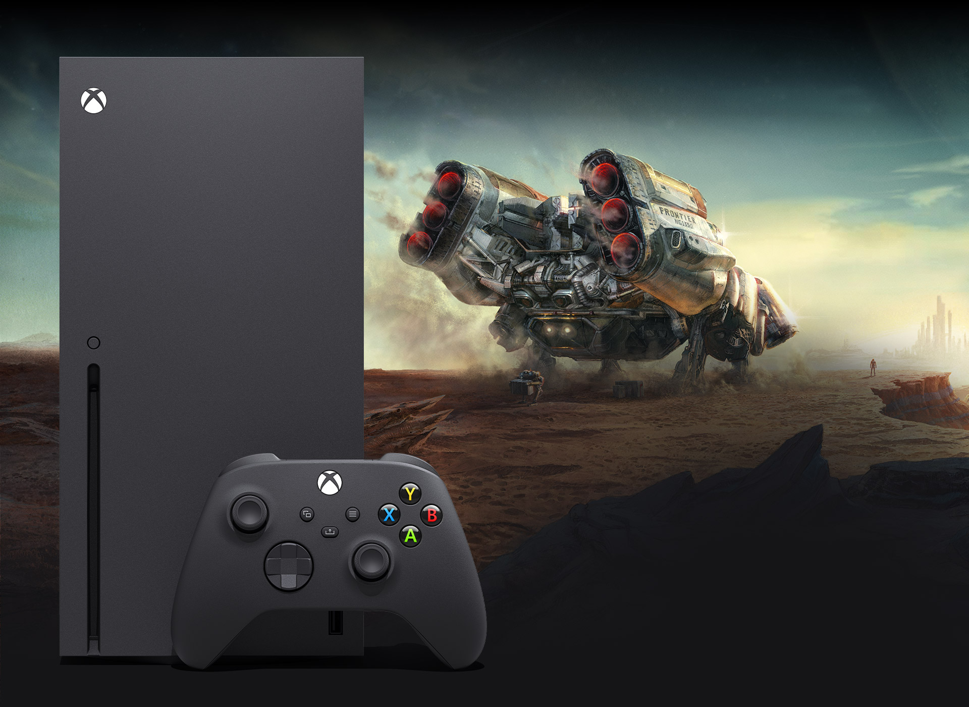 Xbox Series X with a spaceship landing on a Starfield planet