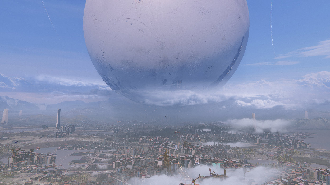 A city with a large white sphere in the sky
