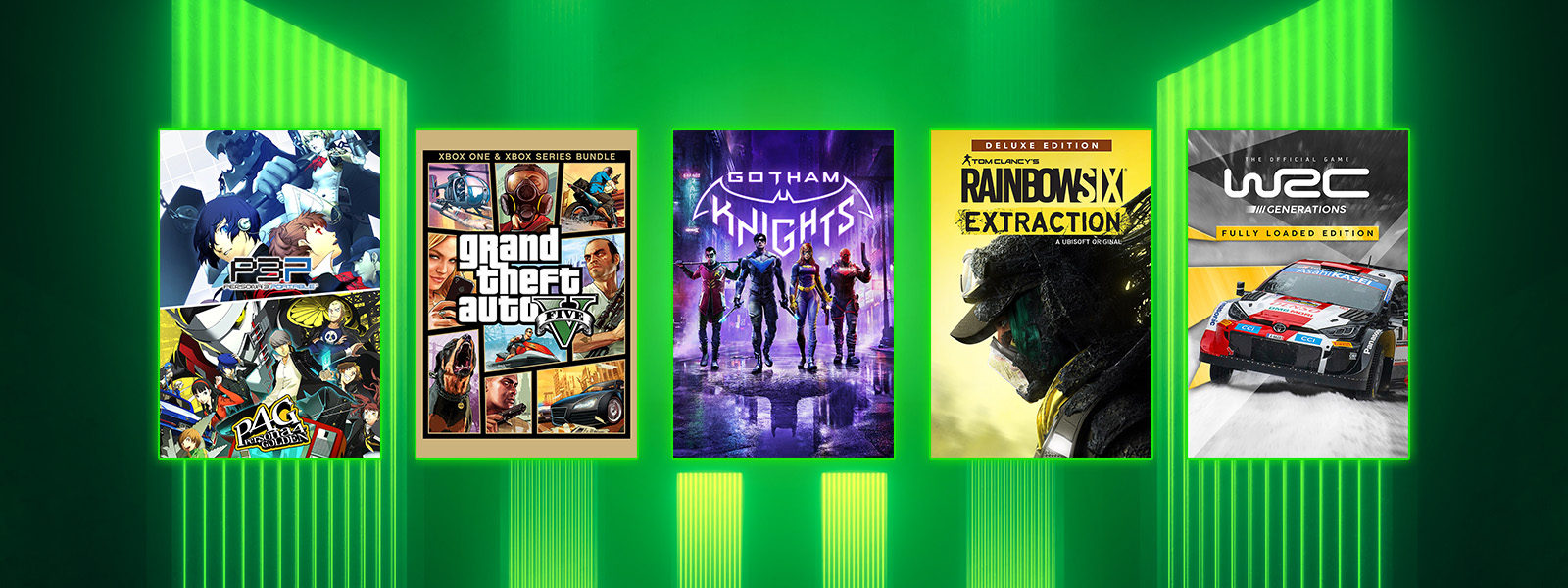 Box art from games that are part of the Publisher Spotlight Series Sale, including Grand Theft Auto V, The official game WRC Generations Fully Loaded Edition, and Gotham Knights.