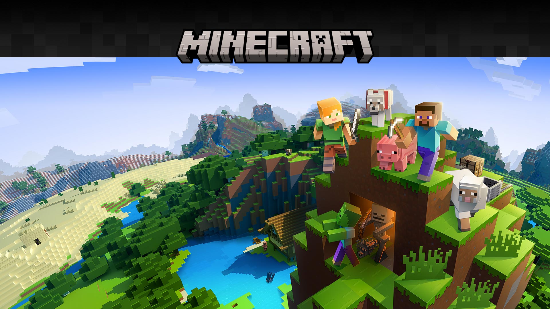 Logo Minecraft s herními postavami na pozadí z bloků.