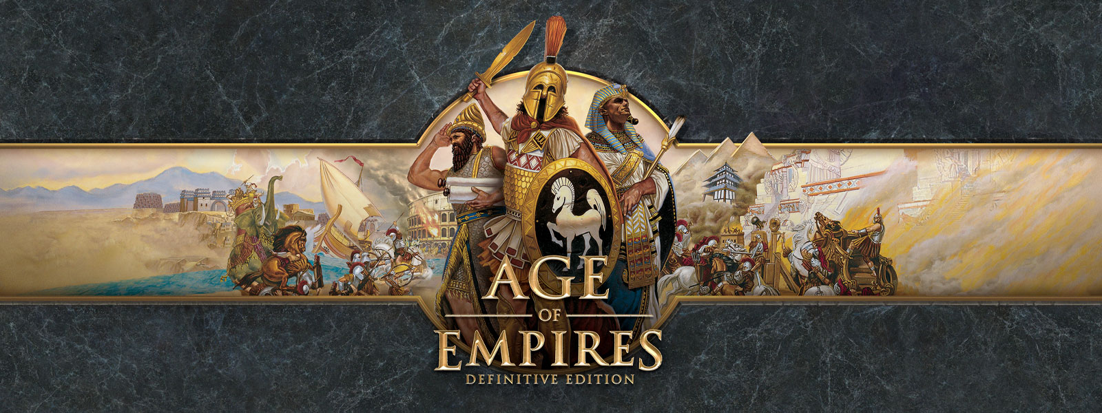 Logo di Age of Empires: Definitive Edition su uno sfondo grigio ardesia con vari comandanti e i loro eserciti