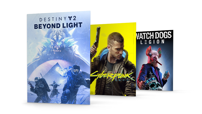 Photos des boîtes des jeux Destiny 2 : Beyond Light, Cyberpunk 2077, et Watch Dogs : Legion.